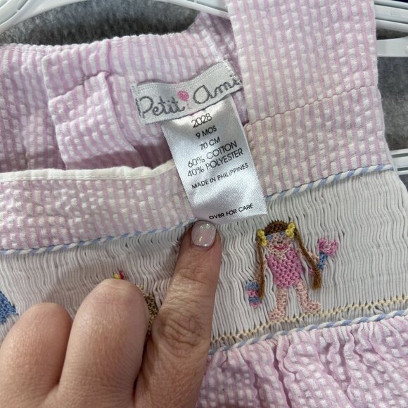 Petit Ami Baby Girls 9M Pink Seersucker Romper Bubble Smocked Beach  Ruffles - Picture 2 of 10